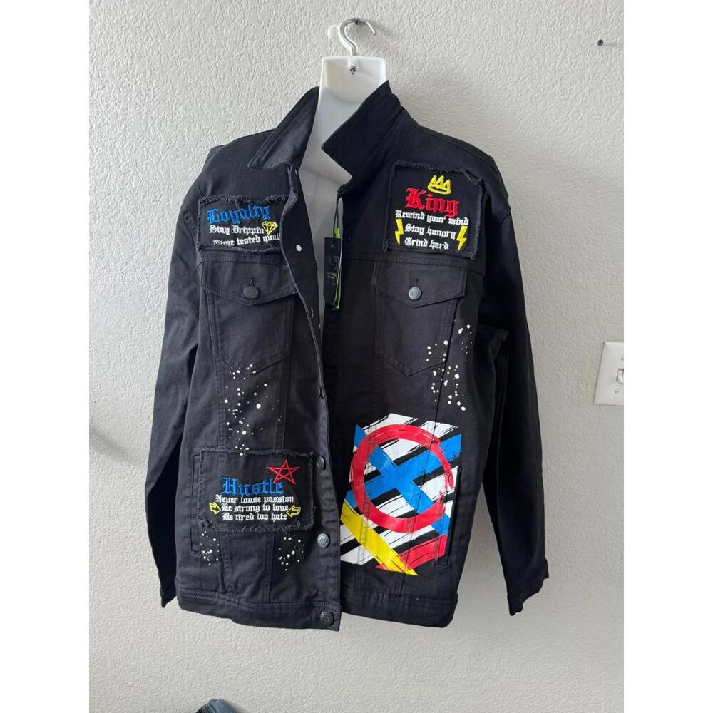 NWT Men's Sacred Crown Jeans Black Denim Grafitti Paint Jacket Men's XL